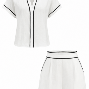 White Two-Piece Short Sleeve Top and Shorts Set with Black Piping