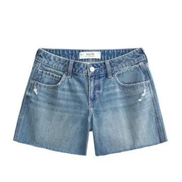 Medium Wash Blue High-Rise Denim Shorts with Distressed Details