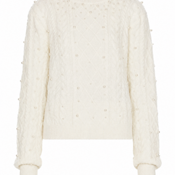 Off-White Cable-Knit Sweater with Faux Pearl Embellishments