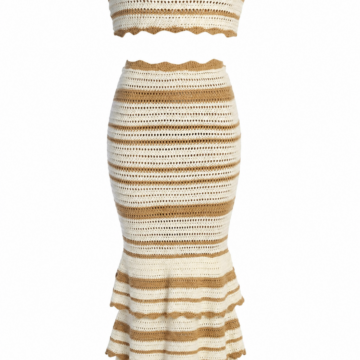Cream and Tan Striped Off-Shoulder Top and Maxi Skirt Set