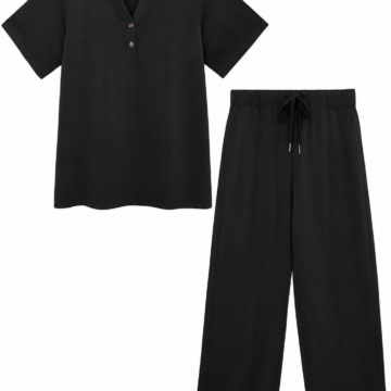 Black Split V-Neck Top and Wide-Leg Pants Set
