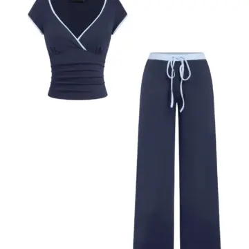 Navy Blue V-Neck Ruched Top and Wide-Leg Pants Set with Light Blue Piping