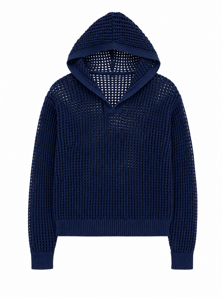 Navy Blue Open-Knit Hooded Sweater