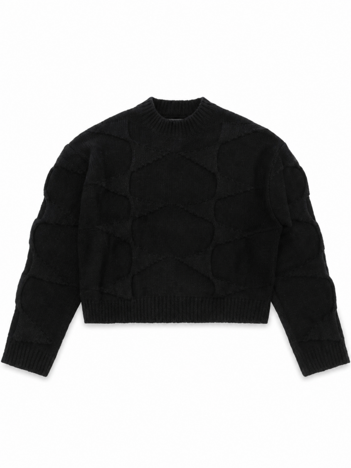 Black Cropped Diamond Cable Knit Sweater