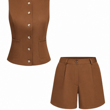 Brown Sleeveless Vest and High-Waisted Shorts Set