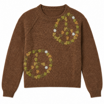 Brown Knit Sweater with Floral Circle Appliqués and Star Embroidery