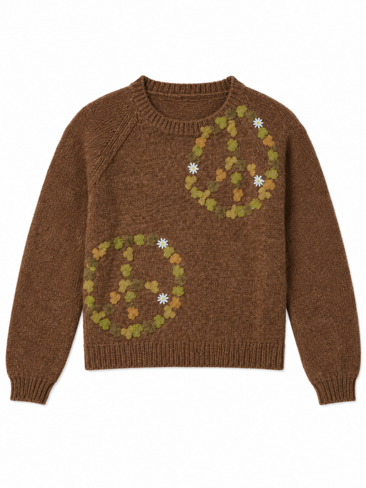 Brown Knit Sweater with Floral Circle Appliqués and Star Embroidery
