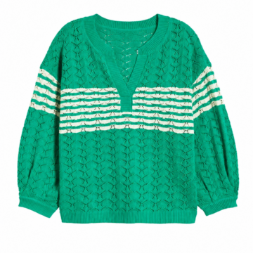 Green Striped Pointelle V-Neck Sweater