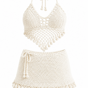 Cream Crochet Halter Bralette and Mini Skirt Set with Pompom Fringe