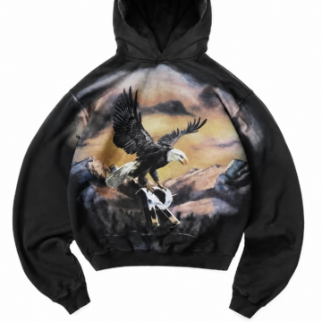 Black Graphic Print Pullover Hoodie with Eagle and Mountain Design