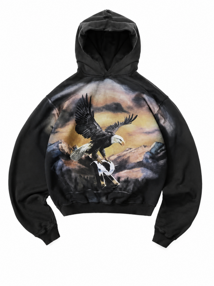 Black Graphic Print Pullover Hoodie with Eagle and Mountain Design