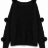Black Oversized Pom-Pom Boat Neck Sweater