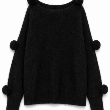 Black Oversized Pom-Pom Boat Neck Sweater