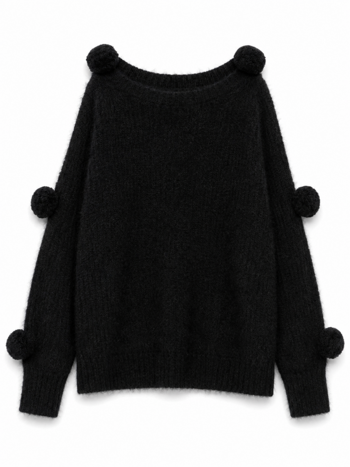 Black Oversized Pom-Pom Boat Neck Sweater