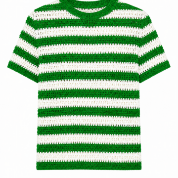 Green and White Striped Crochet Short-Sleeve Top