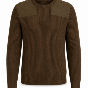 Olive-Brown Rib-Knit Crewneck Sweater with Buttoned Shoulder Accents