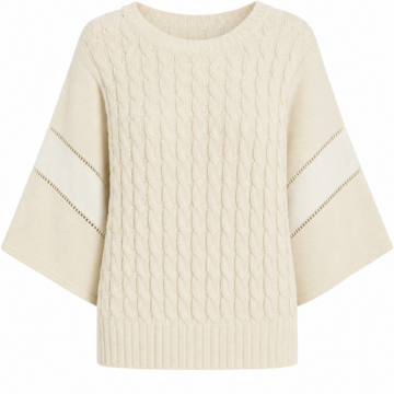 Cream Cable-Knit Dolman Sleeve Sweater with Pointelle Stripes