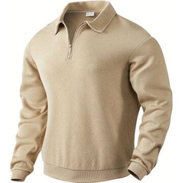 Beige Quarter-Zip Knit Pullover with Chevron Texture
