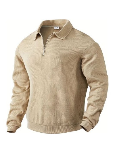 Beige Quarter-Zip Knit Pullover with Chevron Texture