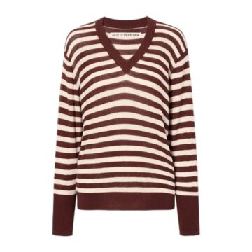 Burgundy and Cream Striped V-Neck Sweater